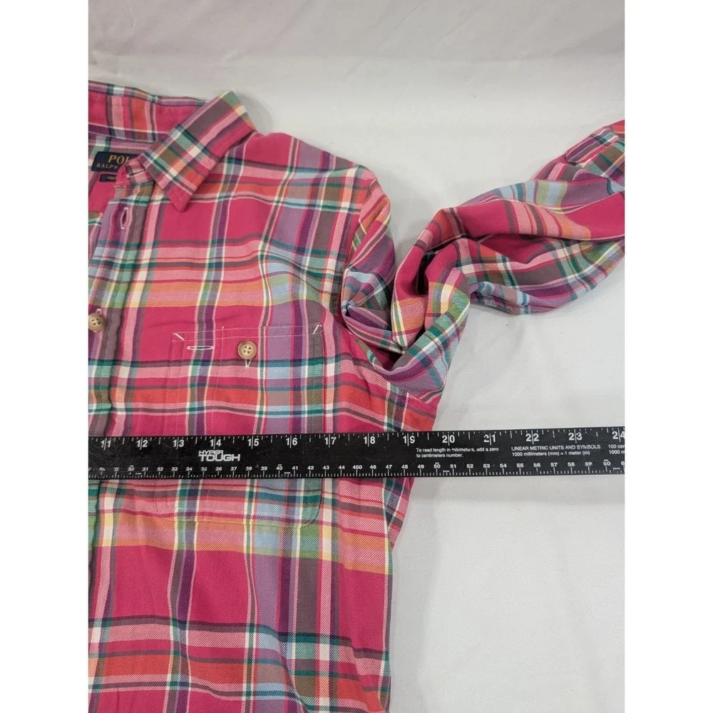 Polo‎ Ralph Lauren Shirt Pink Large Flap Pocket Plaid Custom Fit Button Up Slim